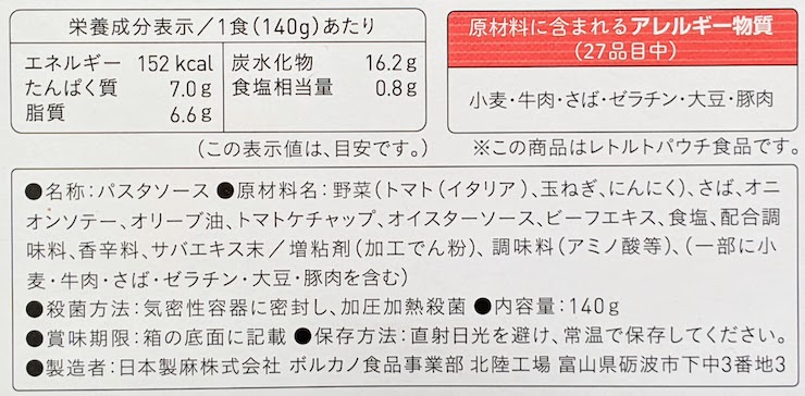 栄養成分表示、原材料名等