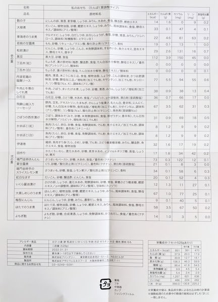 料理ごとの原材料名や栄養成分表示もあります